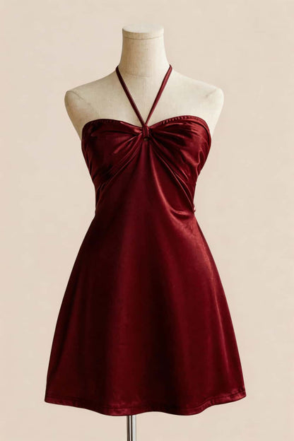 Halter Sage Green Back Tie A-line Short Dress