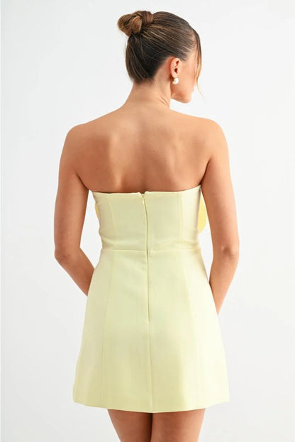 Blossom 3D Floral Bloom Strapless Mini Dress - Yellow