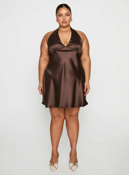 Pelagia Halter Scarf Tie Mini Dress Brown Curve
