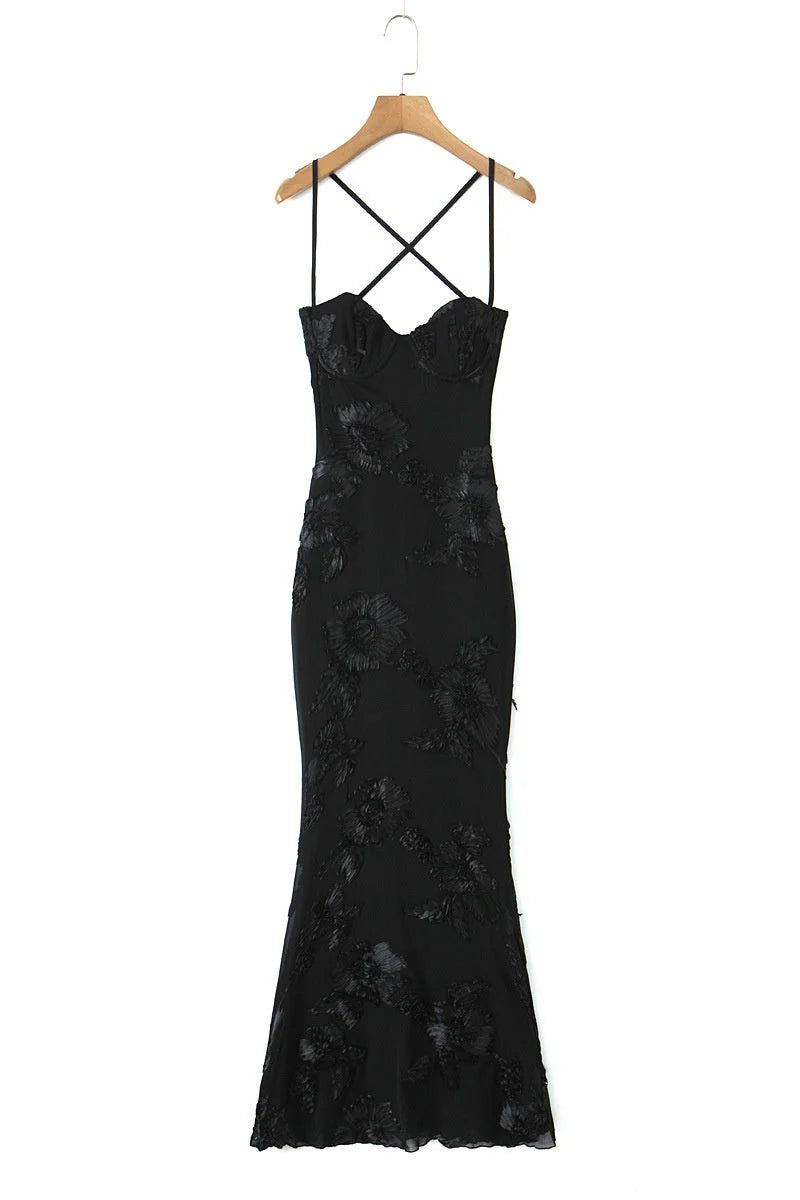 Yellow Embroidered Fitted Straps Dress