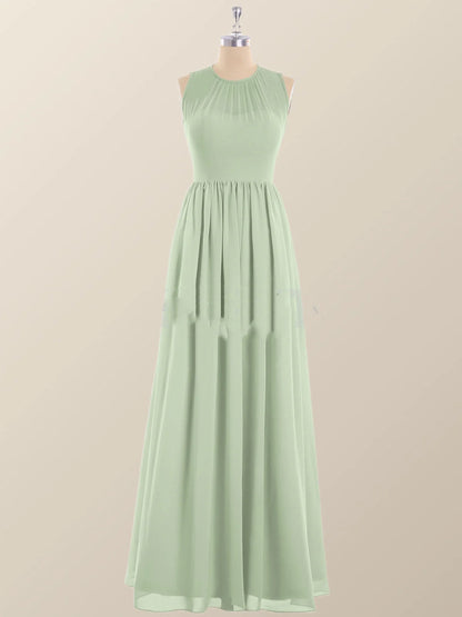 Jewel Neck Sage Green Chiffon Long Bridesmaid Dress