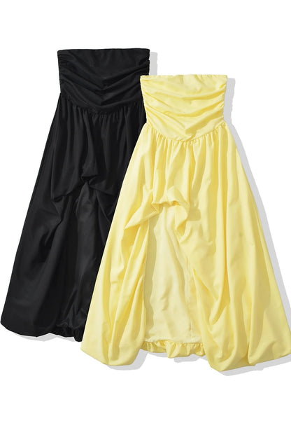 Yellow Strapless Slit Long Dress