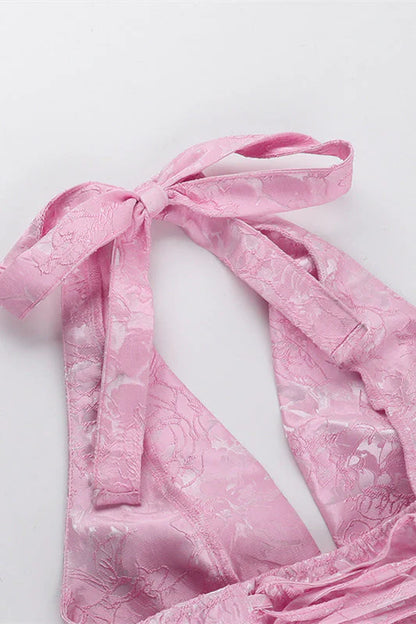 Halter Pink Plunge Short A-line Bow Dress