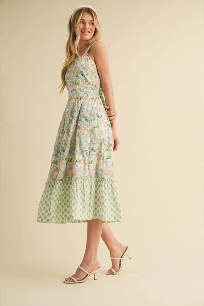 Emma Mae Mixed Floral Prints Back Bow Midi Dress
