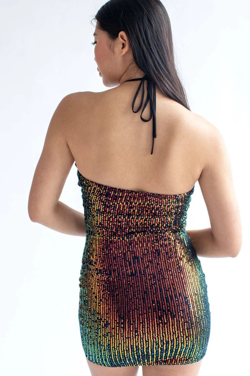 Black Disco Sequin Halter Mini Dress