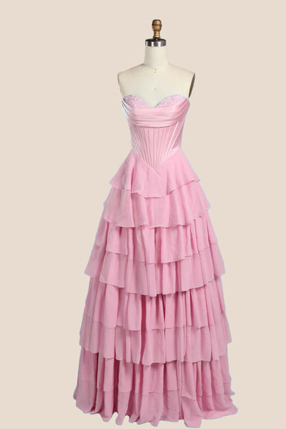 Light Blue Corset Chiffon Tiered Formal Gown