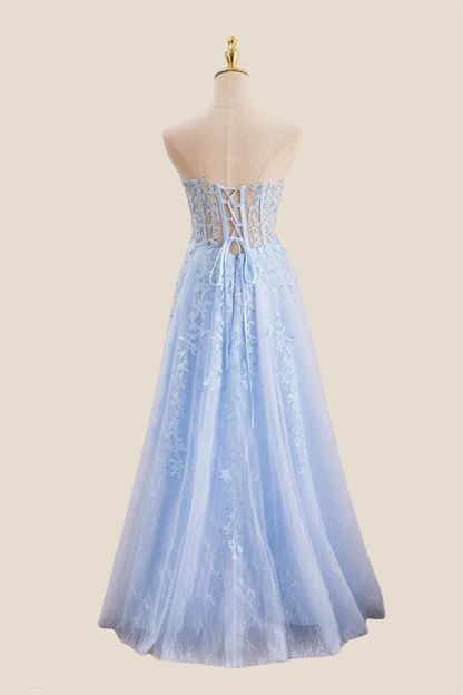 Strapless Light Blue Lace Appliques Long Dress