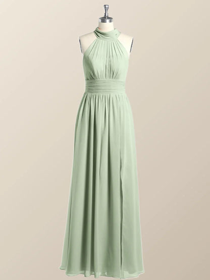 High Neck Mint Green Chiffon A-line Bridesmaid Dress