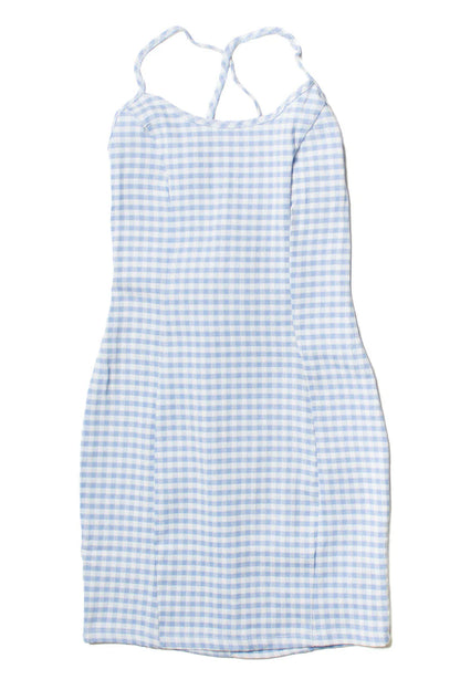 Blue Gingham Lace Up Back Mini Dress