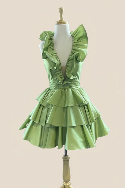 Halter Sage Green Ruffle Tiered Short Dress