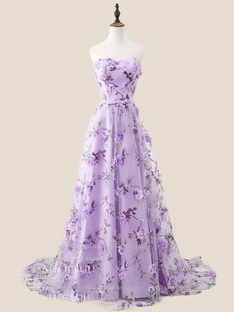Strapless Pink 3D Floral A-line Long Formal Dress