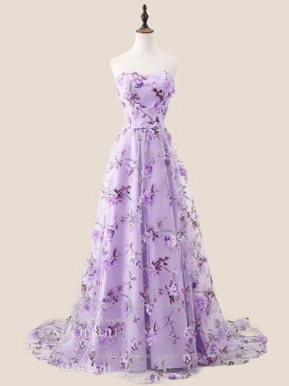 Strapless Pink 3D Floral A-line Long Formal Dress