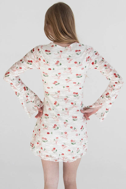 Lace Cherry Bow Long Sleeve Mini Dress