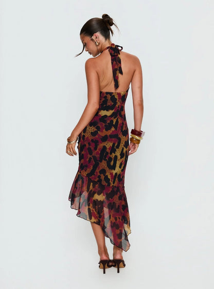 Katriona Halter Asymmetrical Maxi Dress Leopard Multi