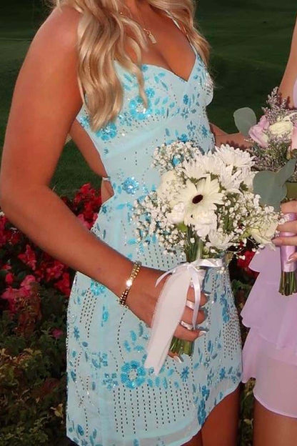 Yellow Beaded Straps Fitted Short Dress