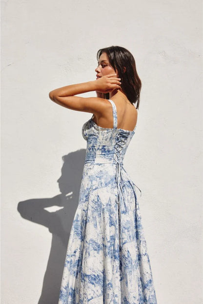 Caroline Coastline Corset Sweetheart Midi Dress - Blue