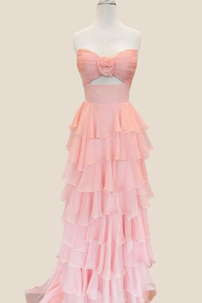 Strapless Hot Pink Rosette Tiered Long Dress