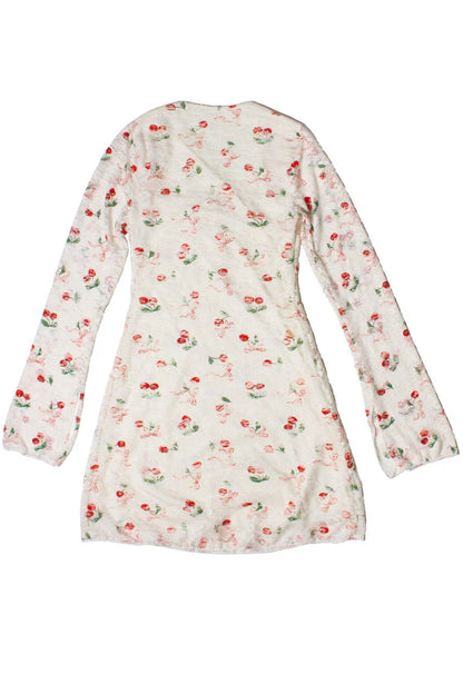 Lace Cherry Bow Long Sleeve Mini Dress