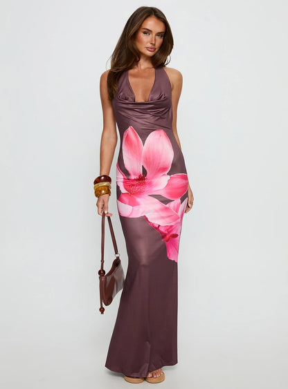 Raleina Halter Cowl Neck Maxi Dress Brown Floral