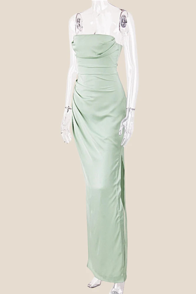 Strapless Red Ruched Long Dress with Slit