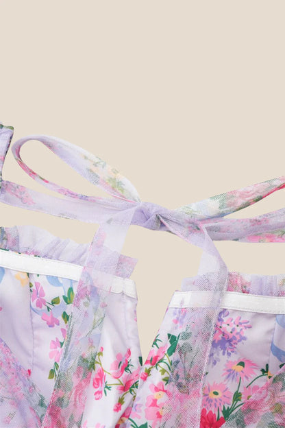 Two Pieces Lavender Floral Print Tiered Long Dress
