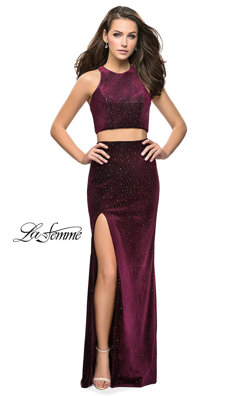 Open-Back Two-Piece Beaded Velvet Prom Dress