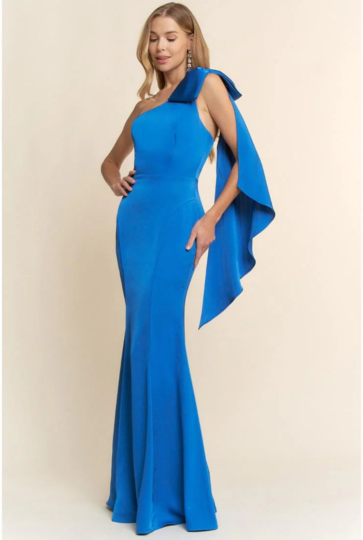 Roxy One Shoulder Sash Bow Satin Maxi Dress - Royal Blue