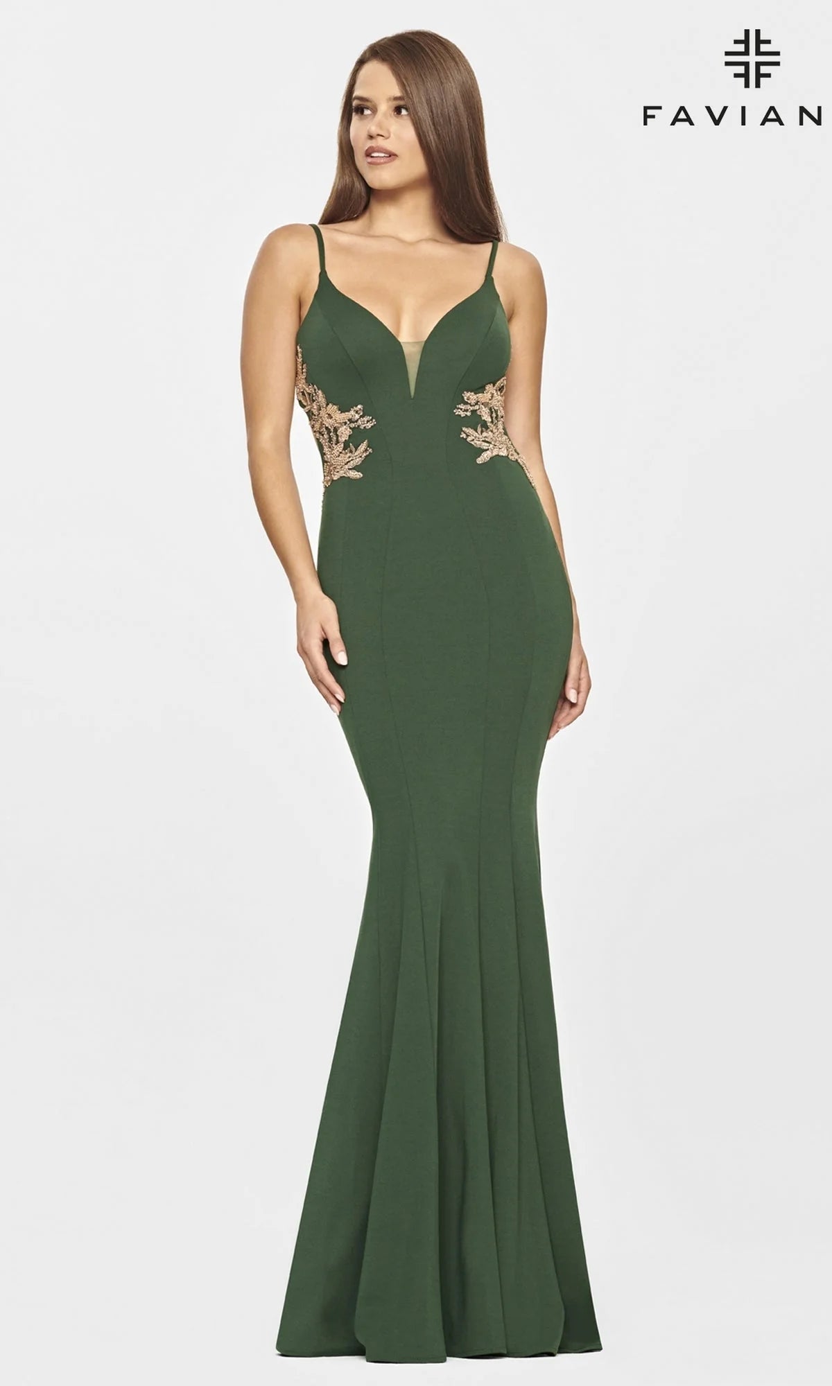 Faviana Gold-Beaded Navy Blue Long Prom Dress