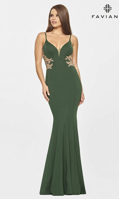 Faviana Gold-Beaded Navy Blue Long Prom Dress