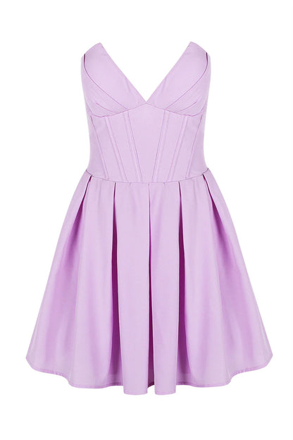 V-neck Lavender Pleated Short Party Dress