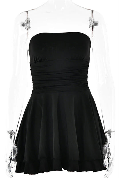 Strapless Orange Ruffle Ruched Short Dress
