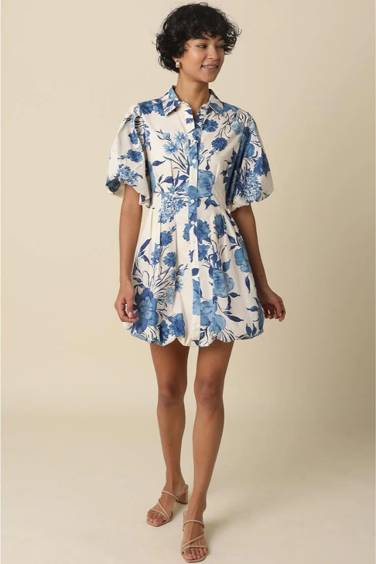 Bonnie Florals Collared Button Up Puff Sleeve Mini Dress - Royal Blue