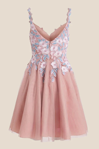 V-neck Blush Pink Appliques A-line Short Dress