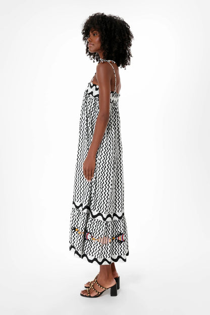 Black Ripple Tie Strap Smocked Straight Midi Dress