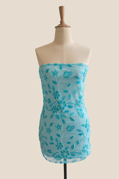 Strapless Purple Beaded Flowers Tight Short Dress