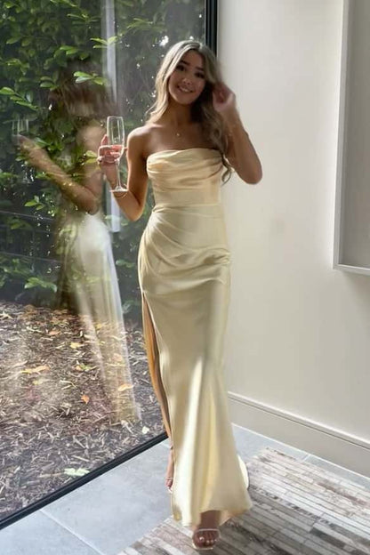 Strapless Red Ruched Long Dress with Slit