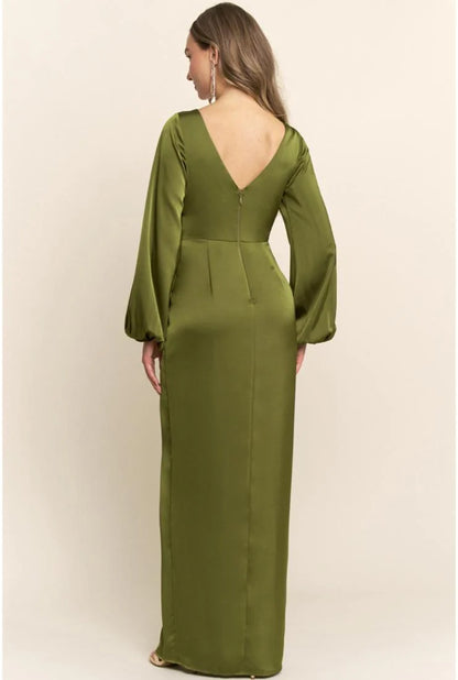 Sloane Long Sleeve Satin Maxi Dress - Olive Green