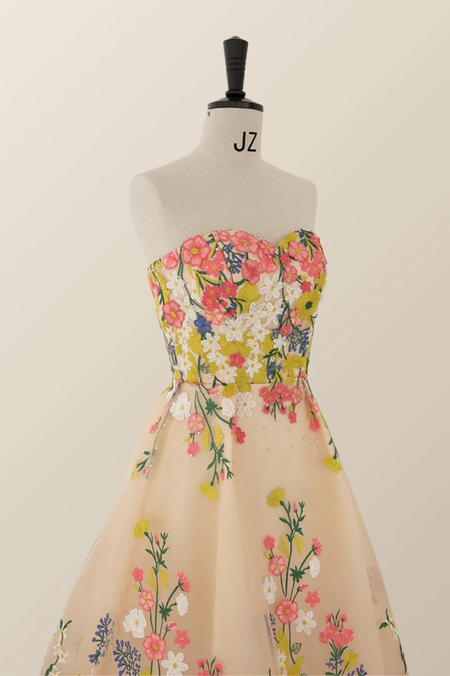 Strapless Champagne Floral A-line Tea Length Dress