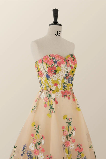 Strapless Champagne Floral A-line Tea Length Dress
