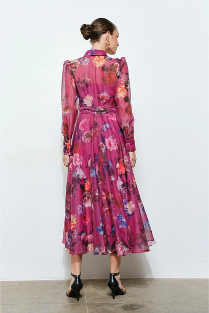 Flora Floral Print Organza Button-Up Midi Dress
