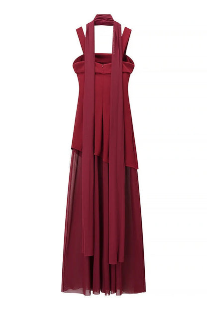 Yellow Straps A-line Maxi Dress with Scarf