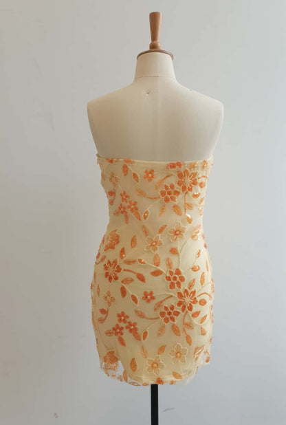 Strapless Pink Beaded Flowers Tight Short Dress