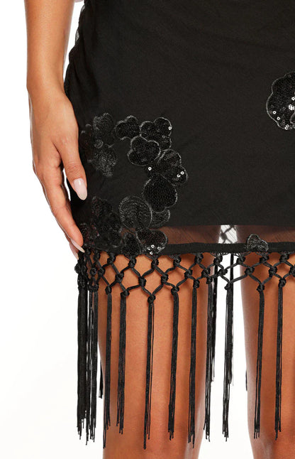 Rhani Black Sequin Tassel Cowl Mini Dress