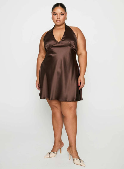 Pelagia Halter Scarf Tie Mini Dress Brown Curve