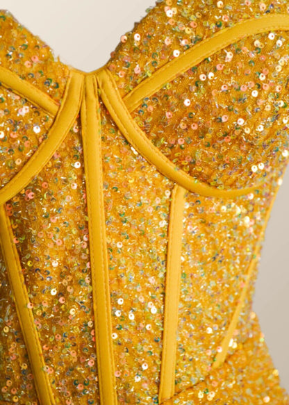 Yellow Sequin Corset Mermaid Long Party Dress