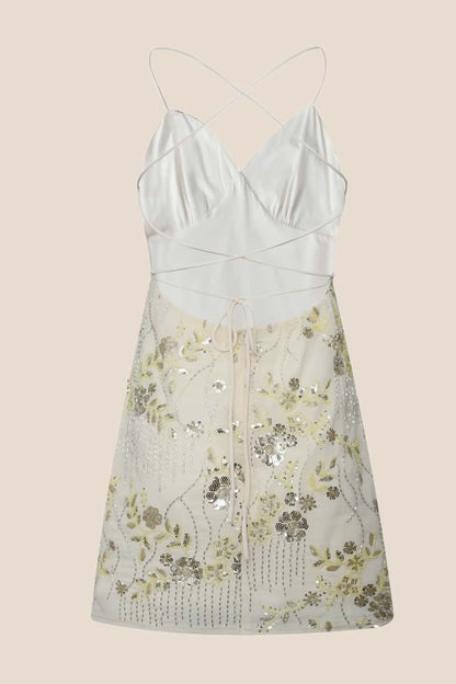 Yellow Beaded Straps Fitted Short Dress