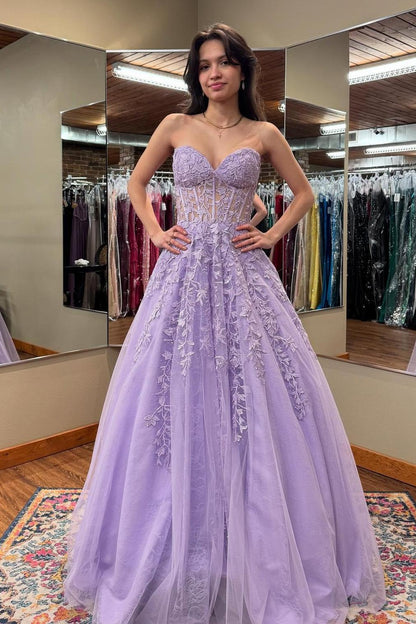 Strapless Light Blue Lace Appliques Long Dress