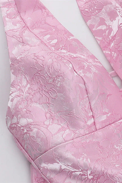 Halter Pink Plunge Short A-line Bow Dress