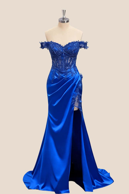 Lace Off the Shoulder Navy Blue Satin Mermaid Dress