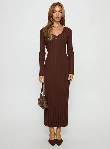 Gratuita Long Sleeve Rib Maxi Dress Chocolate